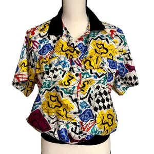 Super Funky Retro 80s Short Sleeve Silky Blouse‎ - Size Women's Small (S)